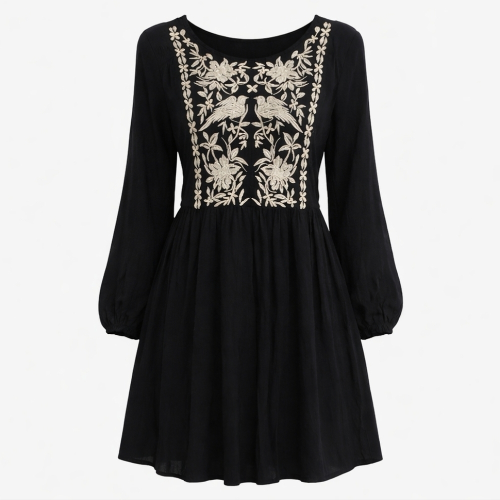 Knox Rose Black Boho Embroidered Long Sleeve Dress M